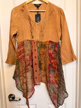 Young Threads Rayon Mustard Embroidered Mixed-Print Handkerchief Hem Tunic